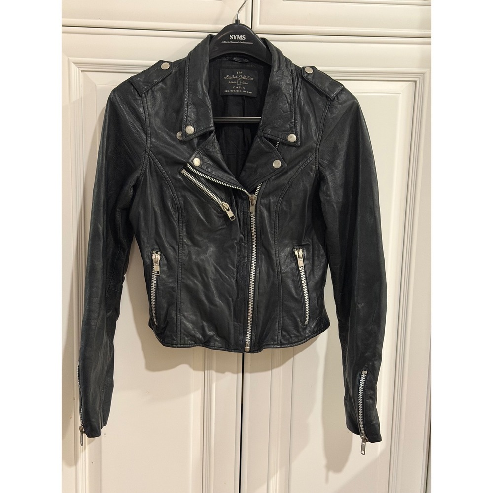 Zara Moto Jacket Womens M Black Lamb Leather TRF Biker Asymmetrical Zip